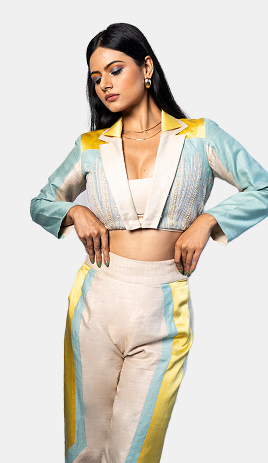 Colour Blocked Crop Blazer Set