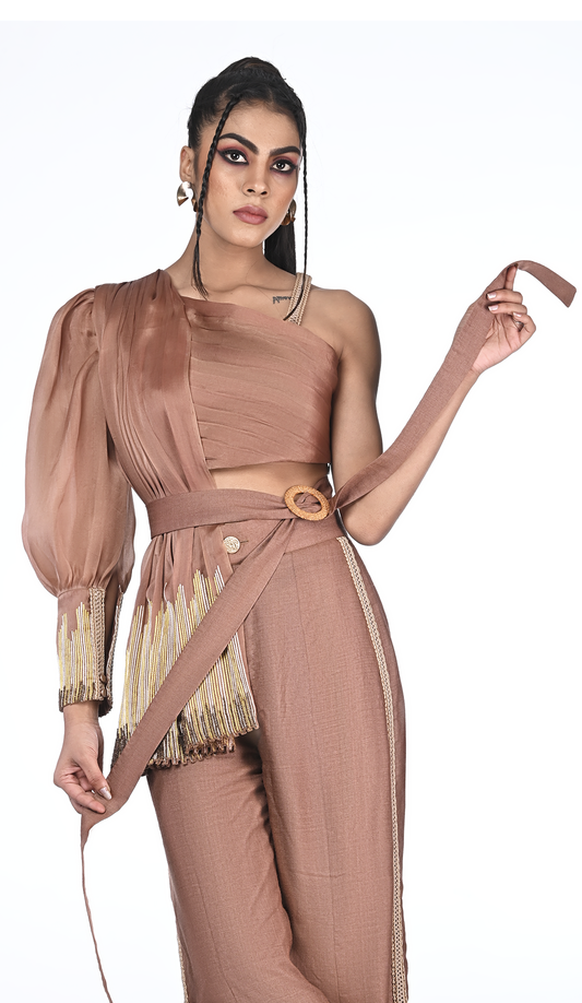 Pleated Organza Drape Blouse with Bell Bottoms